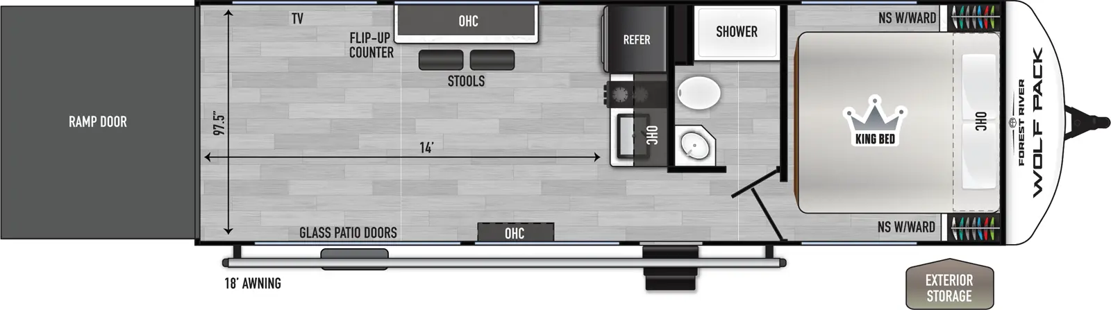 The 25-14 has zero slideouts, one entry, and a rear ramp door. Exterior features storage and a 18 foot awning. Interior layout front to back: foot-facing king bed with overhead cabinet and wardrobes on each side; off-door side full bathroom with medicine cabinet; door side entry; refrigerator, and kitchen counter with sink, cooktop, overhead cabinet, and microwave along inner wall; opposing flip-up tables with overhead cabinet and seating; rear removable dinette table with manual bunk above. Garage dimensions: 14 foot 2 inches from rear to kitchen counter; 97.5 inches from door side to off-door side.